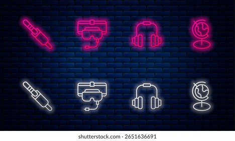 Set line Virtual reality glasses, Headphones, Audio jack and Earth globe. Glowing neon icon on brick wall. Vector