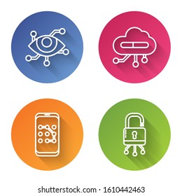 Set line Virtual reality, Internet of things, Mobile and graphic password protection and Lock on digital circuit board. Color circle button. Vector
