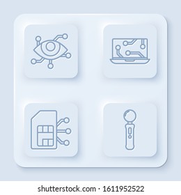Set line Virtual reality, Laptop, Sim card and Gamepad. White square button. Vector