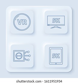 Set line Virtual reality, Monitor display with 5k video, Remote control and Tablet with text 5k. White square button. Vector