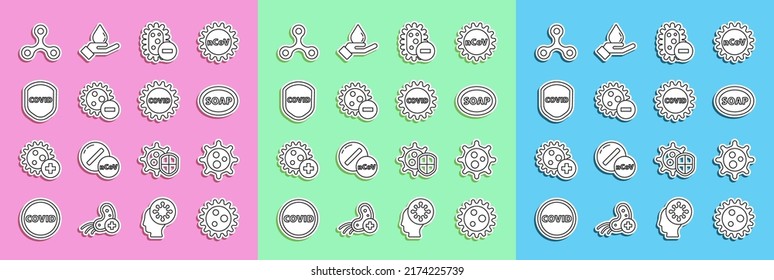 Set line Virus, Bar of soap, Negative virus, Shield protecting from,  and Corona covid-19 icon. Vector