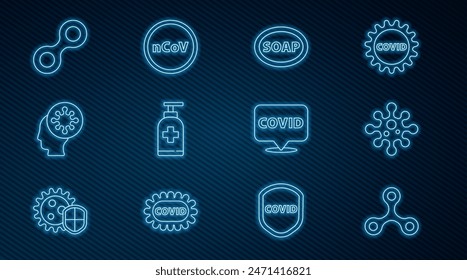 Set line Virus, Bar of soap, Bottle liquid antibacterial, Human and virus, Corona covid-19 on location and 2019-nCoV icon. Vector