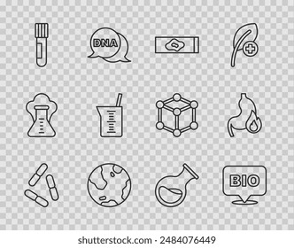 Set line Virus, Bio healthy food, Blood test and virus, Earth globe, Test tube flask, Laboratory glassware or beaker,  and Stomach heartburn icon. Vector