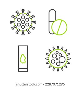 Stellen Sie die Zeile Virus, Bluttest und Virus, Arzneimittel Pille oder Tablette und Symbol ein. Vektorgrafik