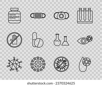 Set line Virus, Blood test and virus, Medical protective mask, Medicine bottle pills, or tablet, Stop and Reddish eye due icon. Vector