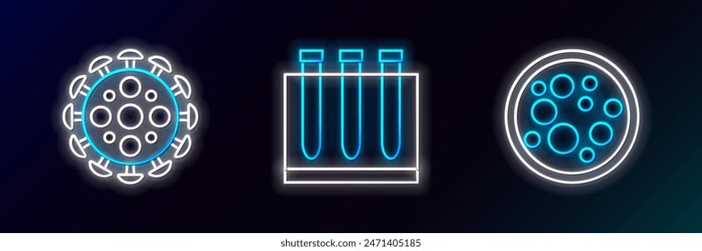 Establezca la línea Virus y el icono de análisis de sangre y virus. Neón brillante. Vector