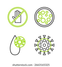 Definir linha Vírus, Teste de sangue e vírus, e ícone Sem aperto de mão. Vetor