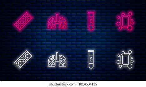 Set line Virus cells in lung, Blood test and virus, Pills blister pack and Bar of soap. Glowing neon icon on brick wall. Vector