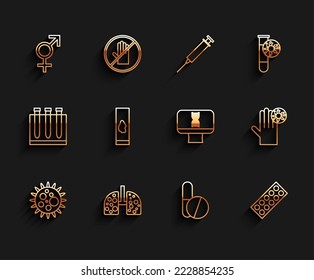 Set line Virus, cells in lung, Gender, Medicine pill or tablet, Pills blister pack, Blood test and virus, Hand with and DNA spiral computer icon. Vector
