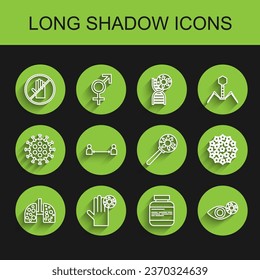 Set line Virus cells in lung, Hand with virus, No handshake, Medicine bottle pills, Reddish eye due to, Safe distance,  and under magnifying glass icon. Vector