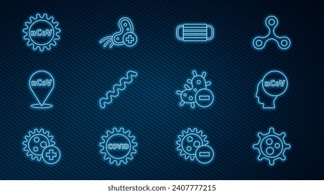 Set line Virus, Corona virus 2019-nCoV, Medical protective mask, location, Negative and Positive icon. Vector