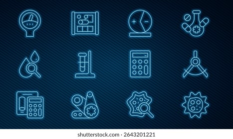 Set line Virus, Drawing compass, Atom, Test tube flask on stand, Drop magnifying glass, Gauge scale, Calculator and Graphing paper for engineering icon. Vector