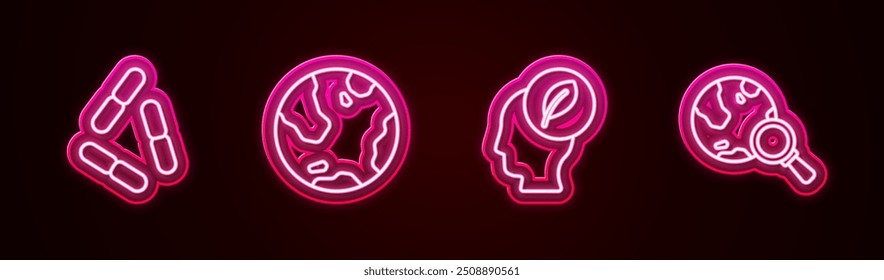 Set line Virus, globo terráqueo, cabeza humana con hoja en el interior y lupa. Icono de neón brillante. Vector