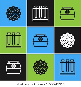 Set line Virus, First aid kit and Blood test and virus icon. Vector