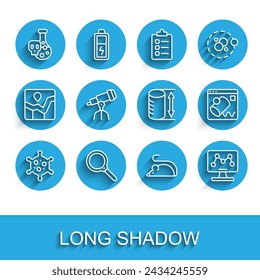 Set line Virus, Magnifying glass, Test tube with toxic liquid, Experimental mouse, Genetic engineering, Telescope, Data visualisation and Height geometrical figure icon. Vector