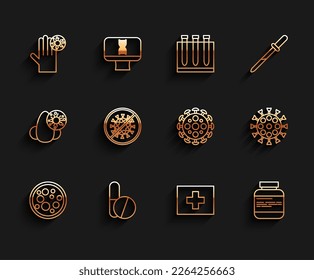 Set line Virus, Medicine pill or tablet, Hand with virus, First aid kit, bottle pills, Stop,  and  icon. Vector