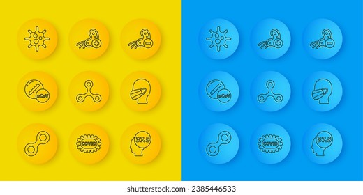 Set line Virus, Medicine pill or tablet, High human body temperature, Face medical protective mask, Negative virus and Positive icon. Vector