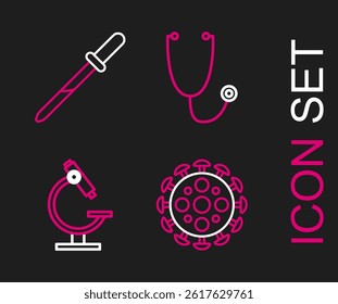 Set line Virus, Microscope, Stethoscope and Pipette icon. Vector