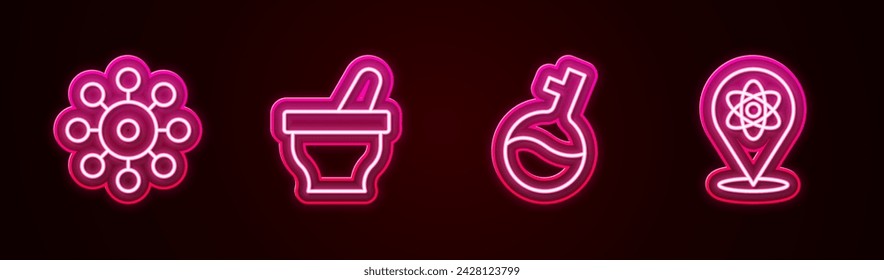 Fijar línea Virus, Mortero y almirez, Tubo de ensayo y Átomo. Icono de neón brillante. Vector