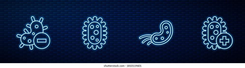 Set line Virus, Negative virus,  and Positive. Glowing neon icon on brick wall. Vector