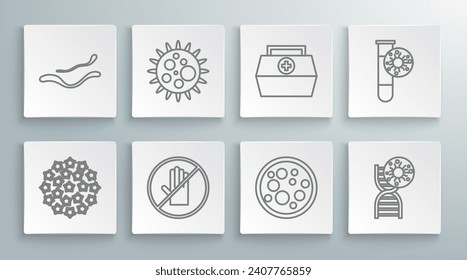 Fijar la línea Virus, Sin apretón de manos, virus del símbolo del ADN, kit de primeros auxilios, tubo de ensayo con e icono de la enfermedad del ébola. Vector