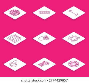 Set line Virus, Pills in blister pack, Safe distance, Blood test and virus, Bar of soap, Medicine pill or tablet and DNA symbol icon. Vector