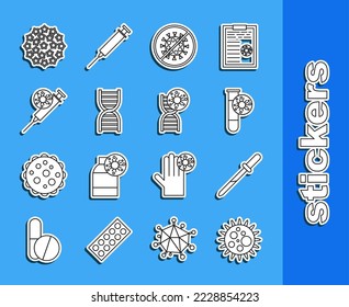 Set line Virus, Pipette, Test tube with virus, Stop, DNA symbol, Syringe and,  and  icon. Vector