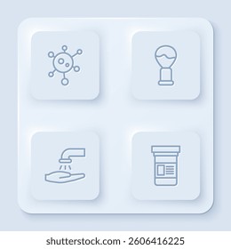 Set line Virus, Shaving brush, Washing hands with soap and Medicine bottle. White square button. Vector