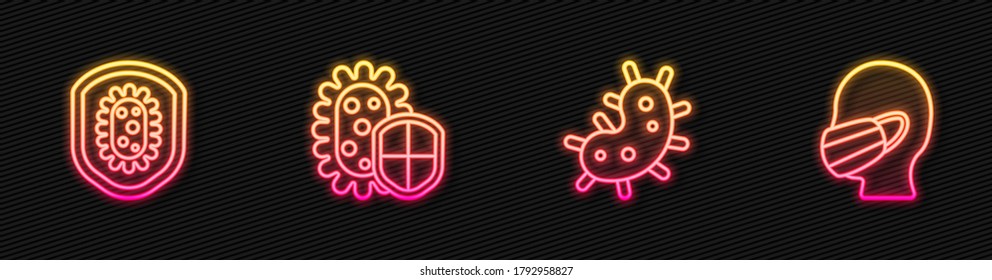 Set line Virus, Shield protecting from virus,  and Face a medical protective mask. Glowing neon icon. Vector