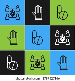 Set line Virus spread, Medicine pill or tablet and Medical rubber gloves icon. Vector