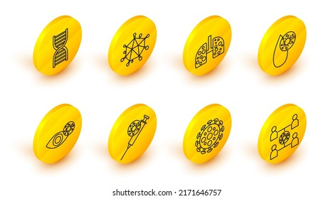 Setzen Sie die Linie Virus-Ausbreitung, Spritze und Virus, Reddish-Auge aufgrund, Bluttest, Zellen Lunge und DNA Symbol Symbol. Vektorgrafik