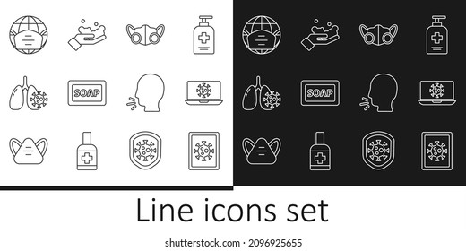 Set line Virus statistics on monitor, laptop, Medical protective mask, Bar of soap, cells in lung, Earth with medical, Man coughing and Washing hands icon. Vector