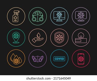 Fijar la línea Estadísticas de virus en móviles, empaque de peluca húmeda, monitor, Lavado de manos con jabón, localización del virus Corona 2019-nCoV, antibacteriano líquido, Protector de escudo y icono de máscara médica de la Tierra. Vector