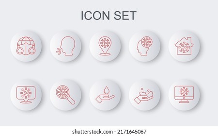 Set line Virus statistics on monitor, Corona virus location, 2019-nCoV, Washing hands with soap, Earth medical mask, Man coughing, under magnifying glass and  icon. Vector