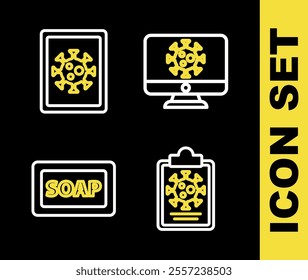 Set line Virus statistics on monitor, Clipboard with blood test results, Bar of soap and  icon. Vector