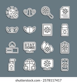 Set line Virus statistics on mobile, Clipboard with blood test results, Medicine bottle and pills, under magnifying glass, Medical protective mask, Positive virus and monitor icon. Vector