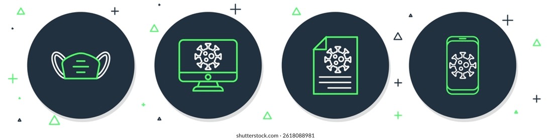 Set line Virus statistics on monitor, Clipboard with blood test results, Medical protective mask and mobile icon. Vector