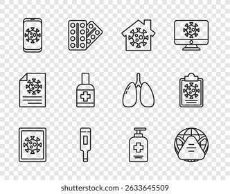 Set line Virus statistics on monitor, Earth with medical mask, Stay home, Medical thermometer, mobile, Liquid antibacterial soap,  and Clipboard blood test results icon. Vector