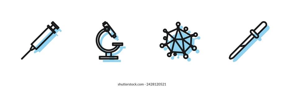Set line Virus, Syringe, Microscope and Pipette icon. Vector