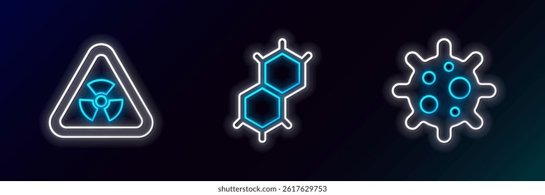 Set line Virus, Triangle with radiation and Chemical formula icon. Glowing neon. Vector