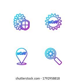 Set line Virus under magnifying glass, Corona virus 2019-nCoV on location, Shield protecting from and . Gradient color icons. Vector