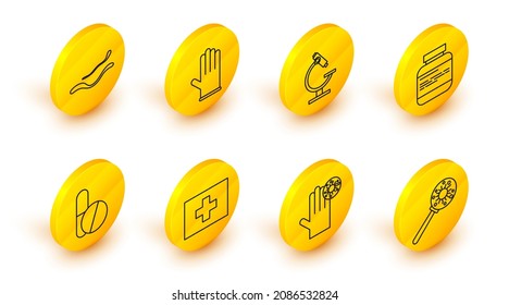 Set line Virus under magnifying glass, Hand with virus, First aid kit, Medicine pill or tablet, bottle pills, Microscope, Medical rubber gloves and Ebola disease icon. Vector - Powered by Shutterstock - Get 15% off with code: PIKWIZARD15