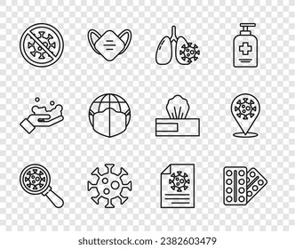 Set line Virus unter Lupe Glas, Pillen Blisterpackung, Zellen Lunge, Stopvirus, Erde mit medizinischer Maske, Clipboard Bluttest Ergebnisse und Corona 2019-nCoV auf Position Symbol. Vektorgrafik