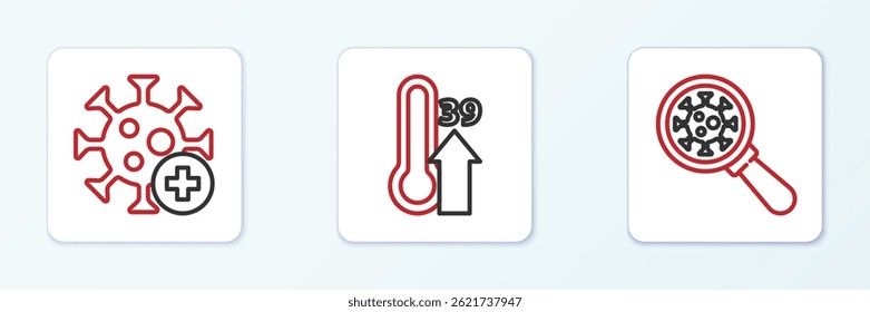 Set line Virus under magnifying glass, Positive virus and High human body temperature icon. Vector