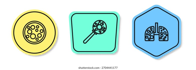 Set line Virus, under magnifying glass and cells lung. Colored shapes. Vector