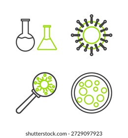 Fije la línea Virus, bajo la lupa, y el icono del tubo de ensayo y del frasco. Vector