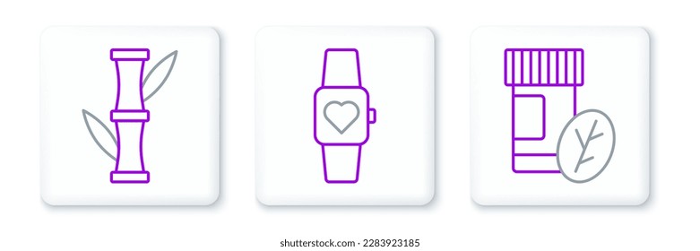 Set line Vitamin pill, Bamboo and Smart watch icon. Vector