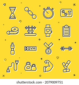 Set line Vitamin pill, Barbell, Sport training program, Stopwatch, Bench with barbel, Tape measure, Old hourglass and Smart icon. Vector