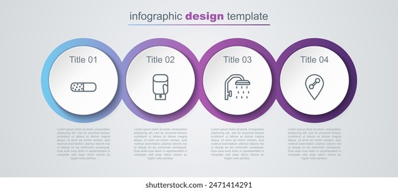 Set line Píldora de vitaminas, guante de boxeo, cabezal de ducha y gimnasio de Locación. Plantilla de infografía de negocios. Vector