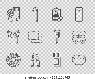 Píldora de la vitamina de la línea del sistema, gafas, prescripción médica, expansor del deporte, calcetines, almohada, píldoras de la botella de la medicina y icono de las zapatillas. Vector